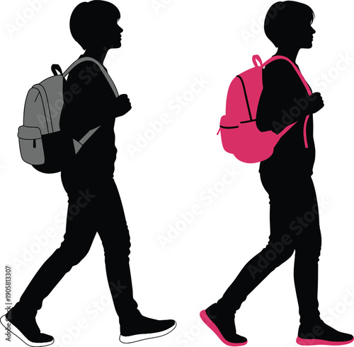 Two children walking with backpacks, one in grey and one in pink