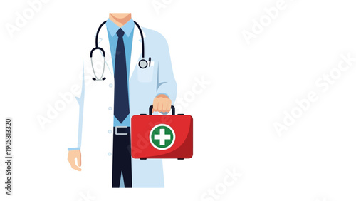 Medical Professional with First Aid Kit: A medical professional, holding a red first aid kit, stands ready to provide care, highlighting the essence of healthcare and emergency services.