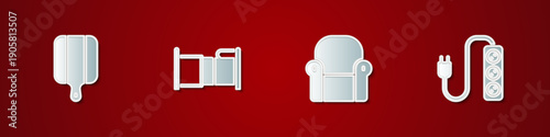 Set Cutting board, Bed, Armchair and Electric extension icon. Vector
