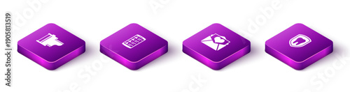 Set Isometric Camera film roll cartridge, Smartphone with contacts, Envelope Valentine heart and Dental protection icon. Vector