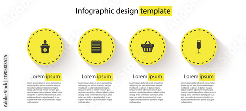 Set Information desk, Notebook, Shopping basket and Glass of champagne. Business infographic template. Vector