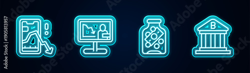 Set line Mobile stock trading, Global economic crisis news, Glass money jar with coin and Bank building. Glowing neon icon. Vector