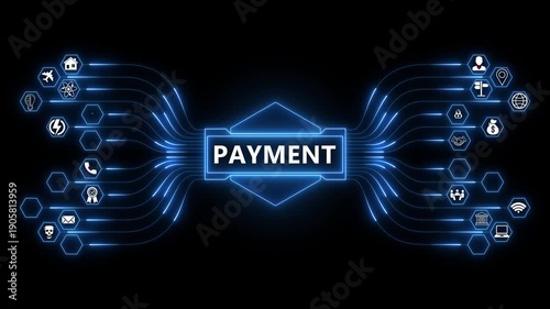 Digital payment network animation with glowing data connections and technology icons, online transaction processing and financial system concept