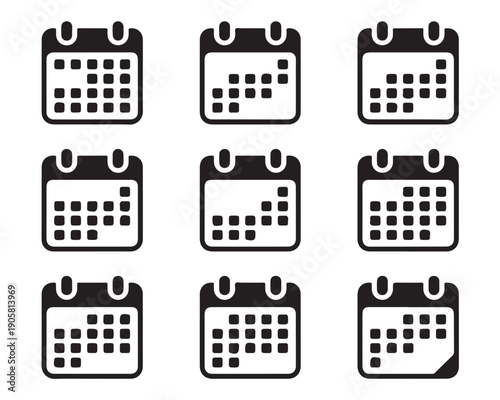Set of nine calendar schedule grid icons showing various planning and date representation graphics on transparent background