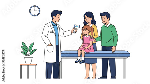 Wellness Check: A compassionate doctor takes a child's temperature during a routine checkup, as the concerned parents offer supportive presence. The scene emphasizes care, health and familial support.