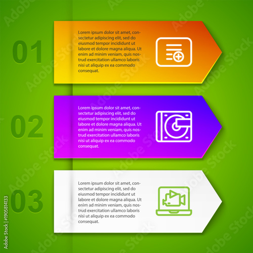 Set line Add to playlist, Vinyl player with vinyl disk and Online video. Business infographic template. Vector