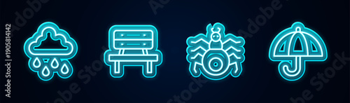 Set line Cloud with rain, Bench, Spider and Umbrella. Glowing neon icon. Vector