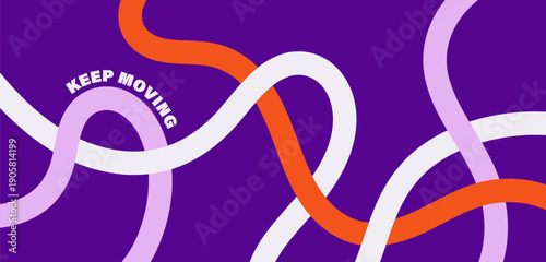 Bold abstract wavy lines with keep moving typography, dynamic modern design expressing motion and progress.