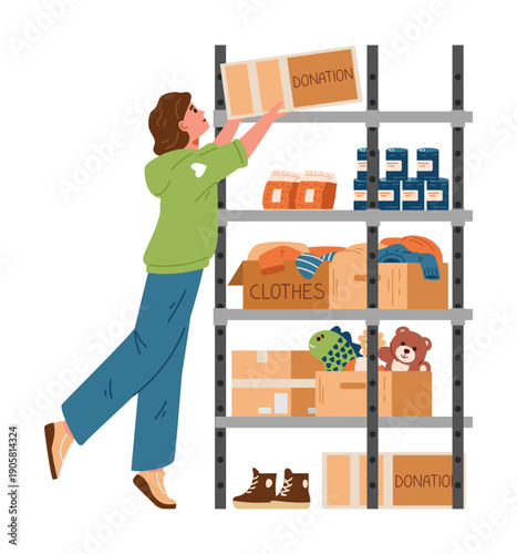 Woman volunteer organizing donation boxes on the rack flat vector illustration isolated on white.