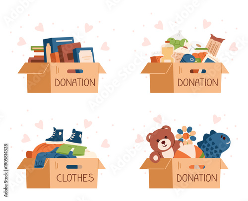 Donation cardboard boxes with books, food, clothes, toys surrounded with hearts flat vector illustrations set.