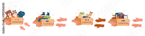 Hands giving boxes with donations toys, clothes, food, books to hands flat vector illustrations set. Charity and donation concepts.
