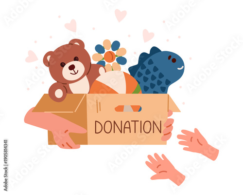 Adult hands giving donation box with toys to children's hands flat vector illustration.