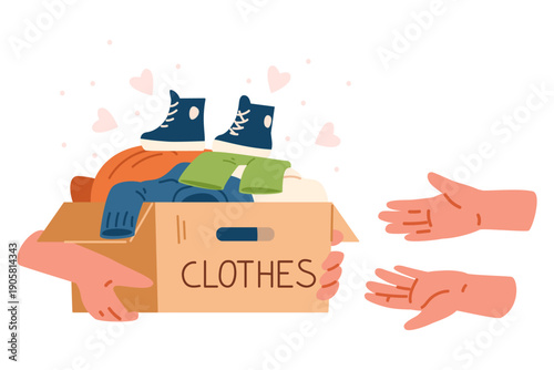 Hands giving donation box with clothes and boots to hands flat vector illustration. Charity and donation concept.
