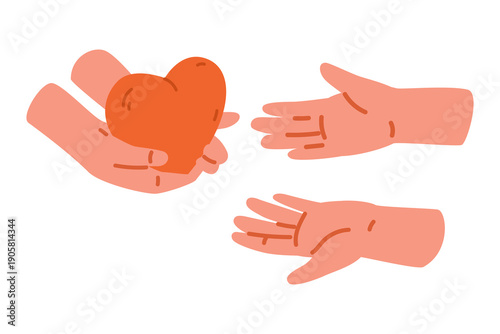 Human hands giving heart to hands donation concept flat vector illustration isolated on white.