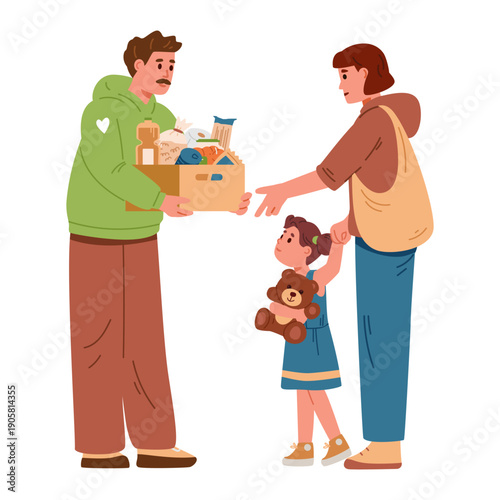 Volunteer giving donation box with food to woman with child in need flat vector illustration isolated on white.