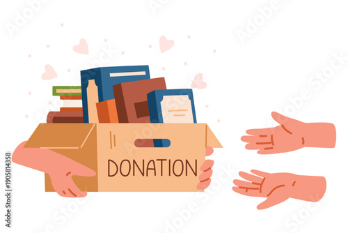 Hands giving donation box with books to hands flat vector illustration. Charity and donation concept.