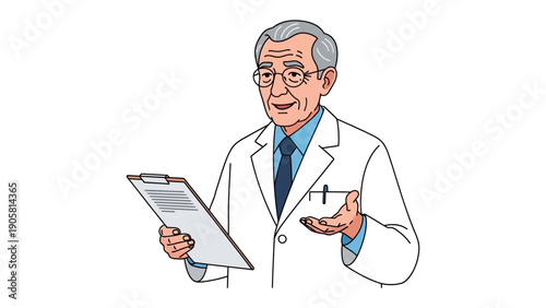 The Doctor's Insight: A distinguished doctor, clad in a crisp white coat, thoughtfully holds a clipboard while offering guidance, embodying expertise and a caring approach.
