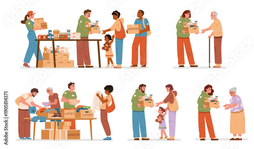 Diverse volunteers giving boxes with food and clothes donations to people in need flat vector illustrations. 