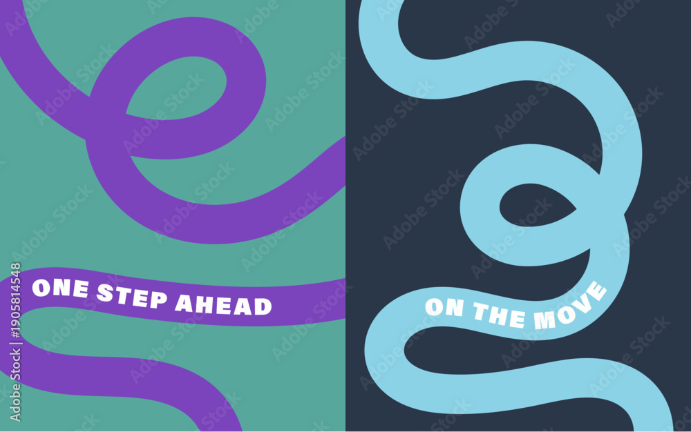 Naklejka premium Wavy line typography poster with one step ahead and on the move quotes, modern abstract design expressing progress and motion.