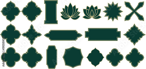 Islamic geometric frames and labels set with oriental lanterns lotus and patterns, arabesque borders, cad drawing flat vector illustration, emerald.
