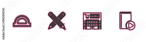 Set line Protractor grid, Supermarket building, Crossed pencil and Audio book icon. Vector