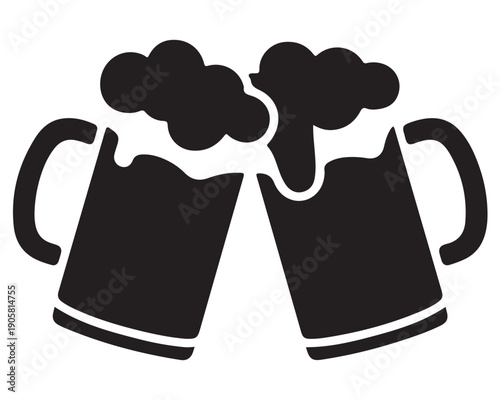 Two frothy beer mugs clinking together for a toast celebrating friendship or happy gathering event