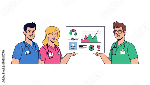 Medical Team Analysis: A medical team collaboratively presents a detailed healthcare analysis on a digital display, highlighting patient data, charts, and vital signs.