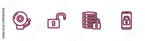 Set line Ringing alarm bell, Server security with lock, Open padlock and Mobile closed icon. Vector