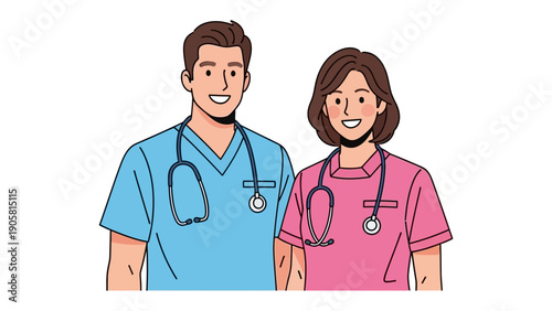 Medical Professionals' Partnership: Two smiling medical professionals, exuding trust and compassion, stand side-by-side, ready to provide care and support.