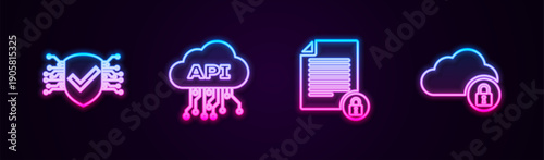 Set line Cyber security, Cloud api interface, Document and lock and computing. Glowing neon icon. Vector