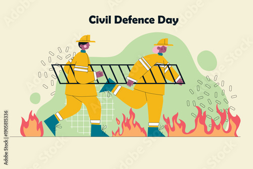 Firefighter Training and Rescue Cooperation – Professional Flat Vector Illustration for Civil Defence Day
