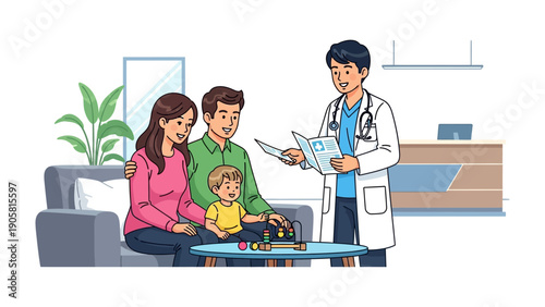 Consultation of Family at Doctor's Clinic: An illustrated scene depicting a family receiving medical consultation in a clinic setting. The scene reflects a sense of trust, care.