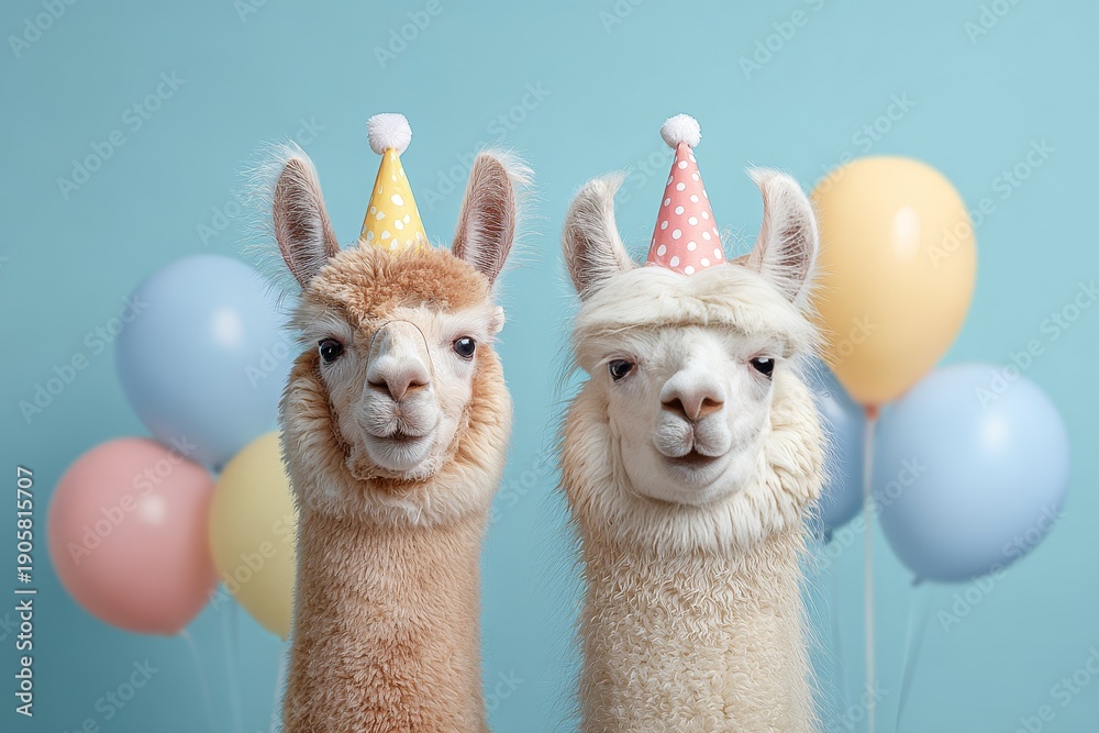 Fototapeta premium A cheerful portrait of festive llamas wearing vibrant, colorful party hats and surrounded by bright balloons.