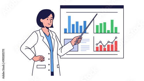 Confident Presentation: A knowledgeable woman in a professional lab coat delivers an insightful presentation, pointing to data visualizations, offering a glimpse into analysis and understanding. 