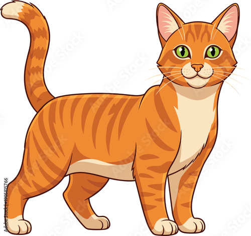 Orange Tabby Cat Illustration with Ginger Fur and Green Eyes Standing in Side Profile View Isolated on White Background for Pet Care and Feline Veterinary Design Concepts