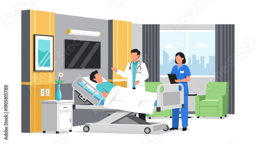 Hospital Room Consultation: A doctor and a nurse engage in a consultation with a patient in a hospital room, examining and offering care and comfort. The scene embodies a message of medical attention.