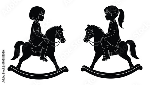 Two children riding on rocking horses in a silhouette illustration Vector
