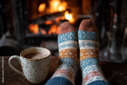 Cozy Winter Scene: Feet in Patterned Socks by Fireplace with Hot Drink on Table