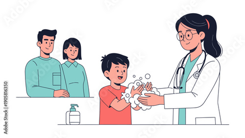 Doctor guiding hand wash: A caring doctor assists a child in proper handwashing technique, emphasizing hygiene and health education, with parents observing in the background, promoting wellness.
