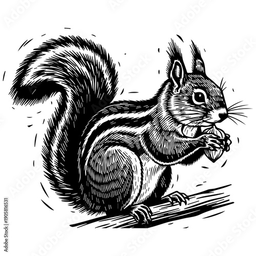 Black and White Woodcut Squirrel Holding Nut, Stylized Illustration, Nature Wildlife Art