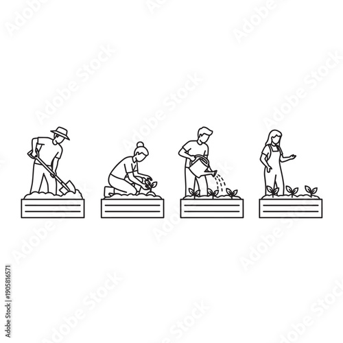 Four gardeners working on plants isolated on transparent background in vector line art