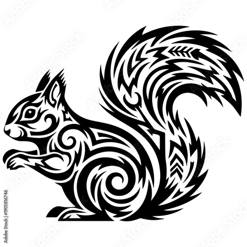 Tribal Tattoo Squirrel Silhouette Logo, Black and White Vector Art, Stylized Forest Animal Icon