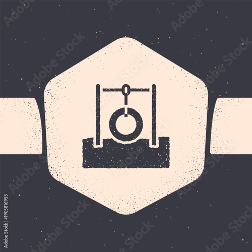 Grunge Car tire hanging on rope icon isolated on grey background. Playground equipment with hanging rope with tire. Monochrome vintage drawing. Vector