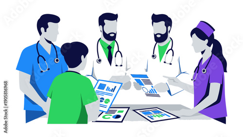Healthcare Professionals in Collaboration: A circle of dedicated medical experts, deep in discussion around digital data, underscores the power of teamwork in healthcare.