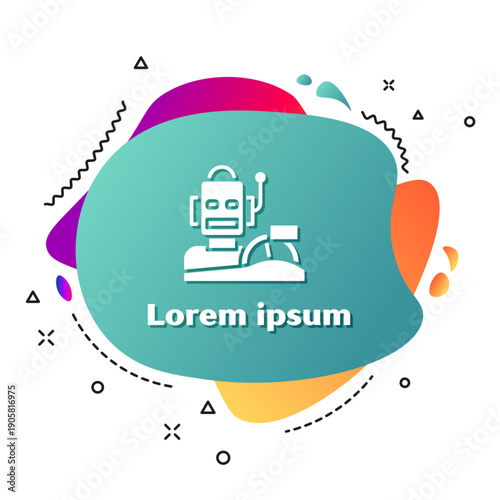 White Robot humanoid driving a car icon isolated on white background. Artificial intelligence, machine learning, cloud computing. Abstract banner with liquid shapes. Vector