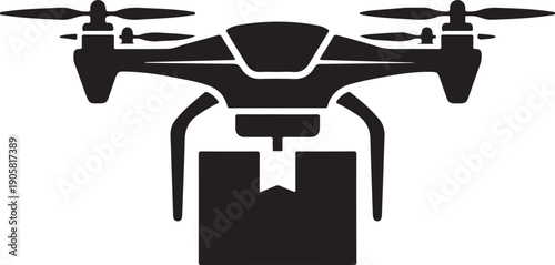 Black drone carrying a package quadcopter delivery