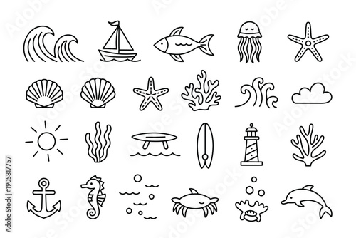 Charming hand-drawn ocean and beach icons evoking summer holidays and nautical themes.