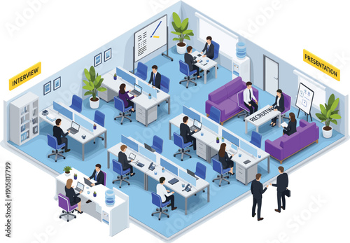 Isometric office meeting room with interview presentation and business discussion areas