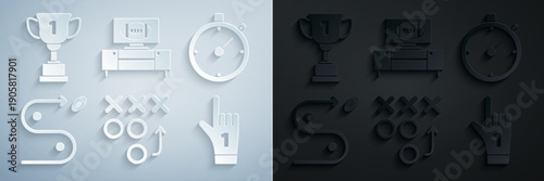 Set Planning strategy concept, Stopwatch, Number 1 one fan hand glove with finger raised, American football tv program stand and Award cup icon. Vector