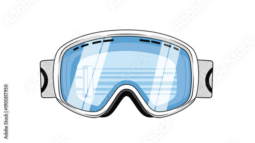 Large and detailed illustration of a pair of professional ski goggles with light blue lenses and a white frame for winter sports.